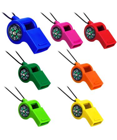 7 Pcs Function Whistle 2 in 1 Emergency Whistles with Compass Survival Whistle Loud Safety Whistle Plastic with Lanyard for Outdoor Hiking Camping Boating Hunting Fishing, 7 Colors