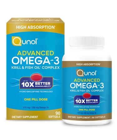 Qunol Advanced Omega 3 Krill and Fish Oil Complex 10x Better Bioavailability One Pill Dose 250mg EPA & DHA Supports Brain Eye Heart and Joint Health 90 Count (Pack of 1)
