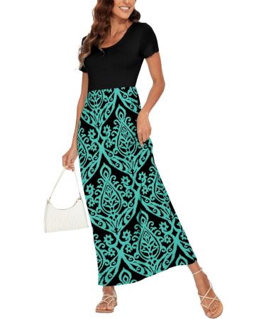 YUNDAI Women's Short Sleeve Maxi Maternity Dress with Pocket - Plus Size Floral Loose Long Dress - Blue/Green XXL - Buy Online on GoSupps.com
