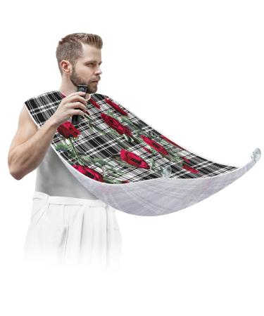 Rose Plaid Beard Bib Apron Beard Bib Hair Catcher for Men Shaving and Trimming Non-Stick Waterproof Beard Cape Grooming Cloth with 2 Suction Cups Gifts for Men