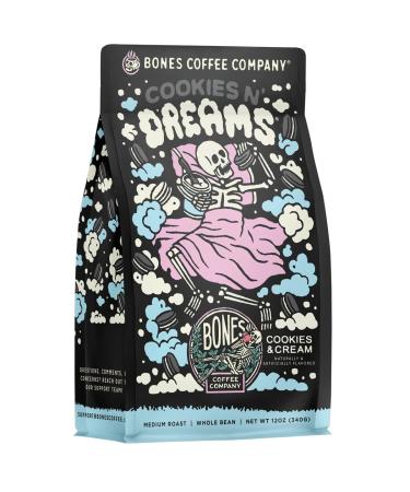 Bones Coffee Company Cookies 'N Dreams Flavored Ground Coffee Beans Cookie & Creams Flavor | 12 oz Medium Roast Low Acid Coffee Arabica Beans | Flavored Coffee Gifts & Beverages (Ground) Cookies 'N Dreams 12 oz Ground Coffee