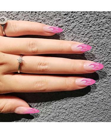 Fairvir Fashion Glossy Fake Nails Pink Flame Full Cover Aryclic Oval False Nails Party Night Club Clip Press on Nail for Women and Girls - Buy Online on GoSupps.com