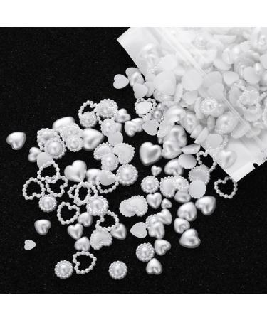 500PCS Pearls Heart Nail Charms Flatback Heart Mixed Shape Acrylic Pearls Heart Beads Charms Cute 3D Nail Art Charms White Assorted Pearls for Nail Art DIY Crafts Accessories