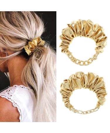 Bartosi Hair Scrunchies Gold Hair Ties Elastic Hair Band Sparkly Metallic Hair Scrunchy Fashion Ponytail Holder No Damage Hair Ring Ropes Hair Accessories for Women and Girls (Pack of 2) Type 2
