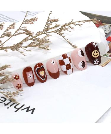 Spring Floral Almond Shape French Fake Nails Kit - 24 Pcs Glossy Full Cover Acrylic False Nails for Daily Wear - Buy Online on GoSupps.com