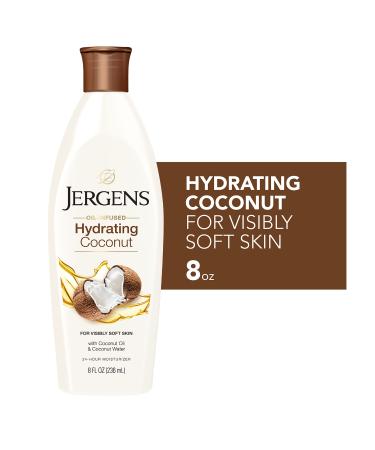 Jergens Hydrating Coconut Body Moisturizer Infused with Coconut Oil and Water for Long-Lasting Moisture Hydrates Dry Skin Instantly 8 Ounce Dermatologist Tested (Packaging May Vary)