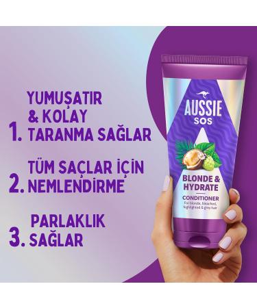 Aussie SOS Blonde & Hydrate Apr s-shampoing 350 ml pour cheveux d color s m ches et cheveux gris d m le et adoucit tout en hydratant les blonds secs et les cheveux argent s - Buy Online on GoSupps.com