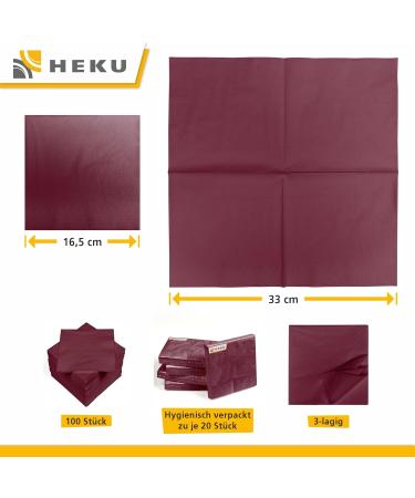 HEKU 100 Monochrome Napkins - 3-Layer 33x33cm | Highly Absorbent & Stylish Bordeaux | Uniform Quality for Events & Gastronomy | Practical 5-Pack - Buy Online on GoSupps.com