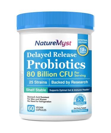 NatureMyst Probiotics for Men and Women 80 Billion CFU 25 Strains Plus Prebiotic Blend Gut & Immune Health Intestinal Balance Shelf Stable Delayed Release 60 Vegan Capsules