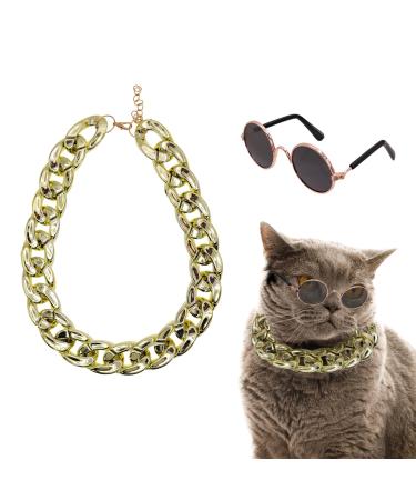Cat Sunglasses Cat Costume Sunglasses Collar Chain Small Dog Sun Glasses Dolls Round Sunglasses Party Cosplay Costume Photo Props Cute Funny Sunglasses (1Pc Round Glasses+1Pc Gold Chain)