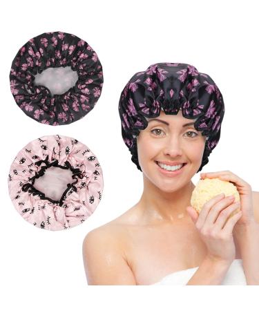 Arqumi 2 Pack Shower Cap Polyester Satin Shower Cap Waterproof Pattern Shower Cap Bath Cap with Elastic Band Pink+BK Pink+Black