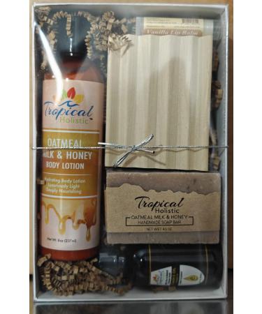 Natural Glow Essentials Gift Set Oatmeal Milk & Honey Lotion Soap Vanilla Lip Balm Premium Vitamin E Oil Wooden Soap Dish Luxurious Spa-Inspired Self-Care Gift Box