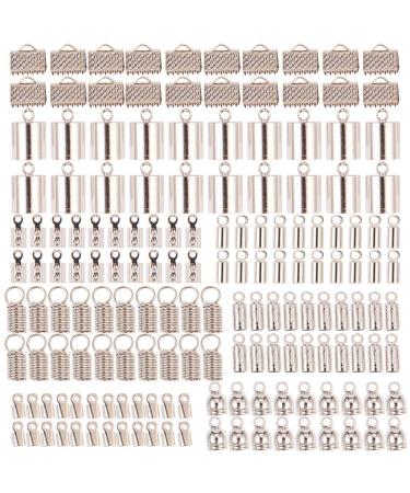 SUNNYCLUE 1 Box 160pcs Glue in Barrel Tube End Caps Fold Over Crimp Cord Ends Ribbon Leather Fastern Clasp Clamps Ends Connectors Combination Jewelry Finding Supplies for Bracelet DIY Craft Making