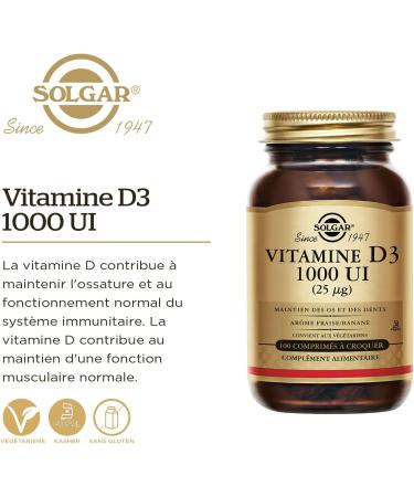 Solgar Vitamin D3 1000 IU chewable - Natural defenses - Immunity - Bone health - Strawberry/banana taste - Food supplement - Bottle of 100 chewable tablets - Buy Online on GoSupps.com