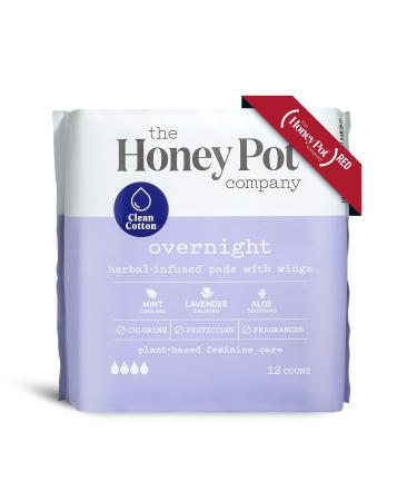 The Honey Pot Company Clean Cotton Overnight Pads (12 Count), Herbal-Infused Pads with Wings, Plant-Derived Feminine & Menstrual Care