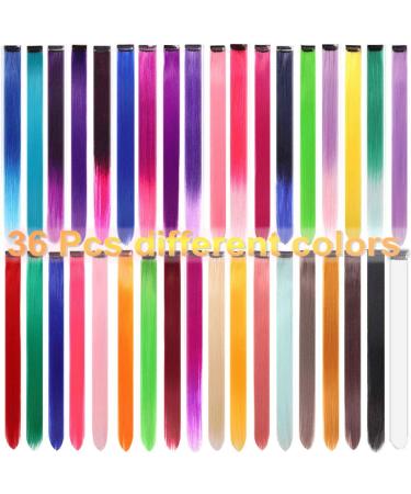 36PCS Colored Clip in Hair Extensions 21" Colorful Hair Extensions for Kids Rainbow Hair Extension Colorful Hair Extensions Multi-Colors Party Highlights Synthetic Hairpieces (36 Colors Set) 36Pcs-Rainbow