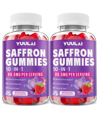 Pack of 2 Saffron Gummies 10-in-1 Saffron Supplements for Kids & Adults with 88.5mg Saffron Extract for Emotions Zzz Sugar Free Raspberry Flavor 120 Count 120 Count (Pack of 1)