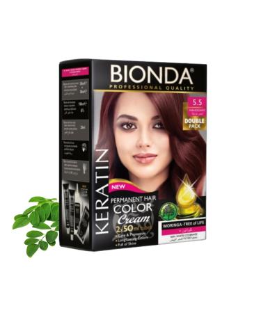 BIONDA Professional Permanent Hair Coloring Color Cream 55 Mahogany 200ml Double pack Keratin & Moringa Care Longlasting intensive color with shine 100 gray coverage