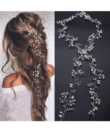 Denifery Bridal Rose Gold and Gold Silver Extra Long Pearl and Crystal Beads Bridal Hair Vine Wedding Head Piece Bridal Hair Accessories Headband Hair Jewelry Hair Accessories (Silver) - Buy Online on GoSupps.com