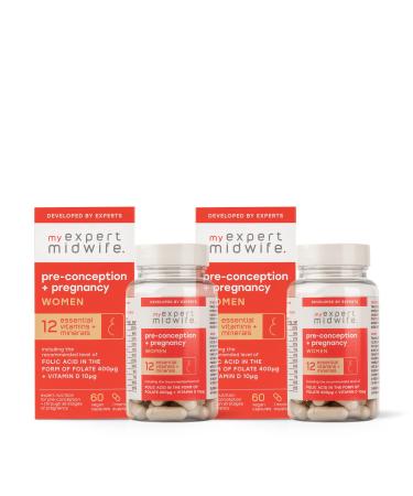 My Expert Midwife Pre-Conception & Pregnancy Women's Vegan Supplements 12 Essential Prenatal Vitamins & Minerals Including 400 g Natural Folic Acid from Folate 10 g Vitamin D 120 Capsules Womens Supplement Duo