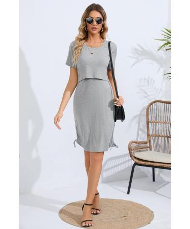Sosolism 4 in 1 Maternity Nursing Dress XXL Light Grey - Short Sleeve Side Drawstring Top for Breastfeeding Women - Buy Online on GoSupps.com