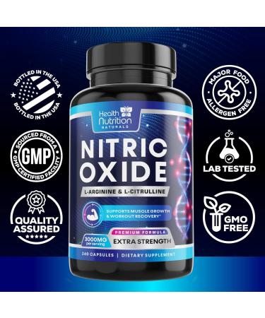 Extra Strength Nitric Oxide Booster 3000mg - 3X L-Araginine AKG & HCI + L-Citrulline Malate - Best Muscle Supporting Nitric Supplement - Natural Energy Heart Health Support Bottled USA - 240 Capsules 240 Count (Pack of 1) - Buy Online on GoSupps.com