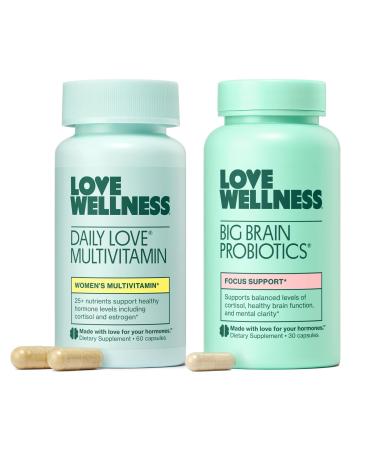 Love Wellness Daily Love Multivitamin & Big Brain Probiotics | Mind and Body Duo | Womens Vitamin and Probitoic 15 Count (Pack of 2)