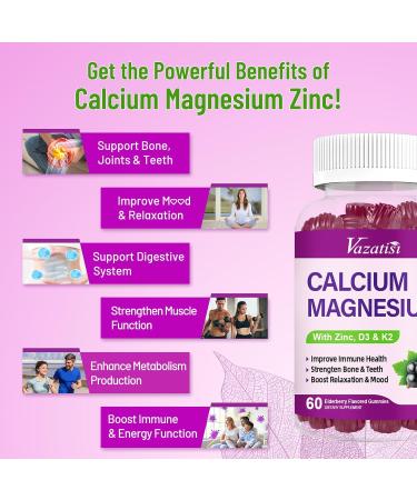 Calcium Magnesium Zinc Gummies with Vitamin D3 and K2 High Absorption Magnesium Glycinate Potassium for Immune and Muscles Vegan Elderberry Flavor 120 Gummies Sweet Elderberry 60 Count (Pack of 2) - Buy Online on GoSupps.com