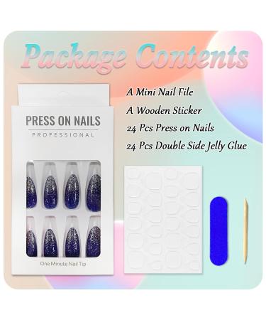 24 Pieces Almond False Nails - Silver & Blue Glossy French Press-On Acrylics | 12 Sizes for Women & Girls - Buy Online on GoSupps.com