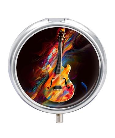 Pill Box Pill Case 3 Compartment Travel Pill Box Abstract Guitar Printing Small Pill Box Portable Medicine Pill Case Pill Organizer for Purse & Pocket for Travel Handbag (Round)