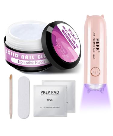MEKK Solid Nail Glue15g with Handheld UV Nail Lamp Super Strong Nail Glue Soft Gel Nail Glue for Press Ons Mini uv nail lamp for Nail Art DIY Nail Glue Portable UV Nail Light Kit for Salon Clear