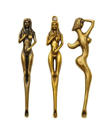 3Pcs Brass Beauty Ear Pick Spoon 3 in 1 Ear Pick Earwax Removal Kit Creative Retro Pure Copper Brass Ear Wax Removal Tool Earpick Keychain Pendant Accessories of Nude Female