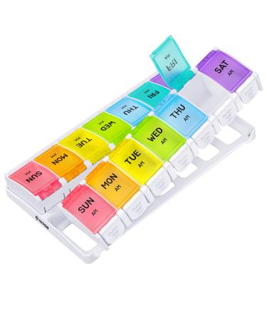 AUVON Weekly Pill Organizer 2 Times a Day Arthritis Friendly with Spring Open Design, BPA Free 7 Day AM PM Pill Box Case with Large Separate Compartments to Hold 9 Fish Oils, Supplement, Medication White Base