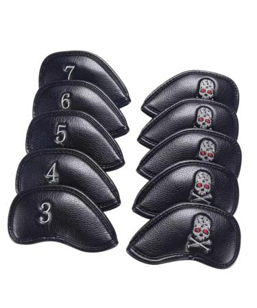 Skull Skeleton Golf Iron Covers Headcovers Set Premium (PU) Leather Golf Headcovers for Golf Clubs 10pcs Black Golf Club Protective Case fits forTaylormade Mizuno Ping
