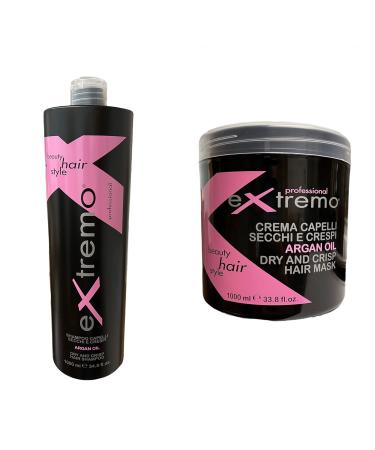 extremo extremo Argan Hair Care Kit for Dry and Frizzy Hair - Shampoo and Hair Mask - 1 Litre Each - Made in Italy