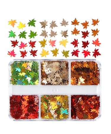 6 Grids 3D Maple Leaf Glitter Nail Sequins - Autumn Nail Art Stickers & Decals | Holographic Leaf Charms for Acrylic Nails | Fall Glitter Designs in Gold Yellow & Red - Buy Online on GoSupps.com