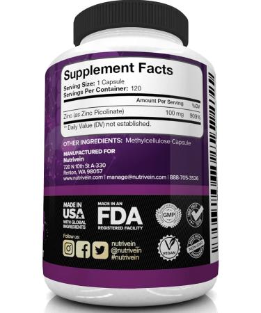 Nutrivein Premium Zinc Picolinate 100mg - Immunity Defense & Cellular Regeneration - 120 Capsules - Buy Online on GoSupps.com