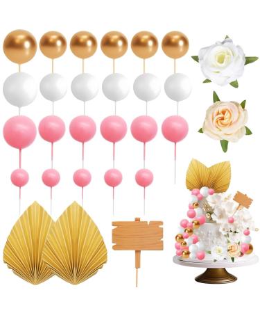 Izoel Boho Tortendeko Kuchendeko Tortendendeko balls palm leaves flowers Happy Birthday wooden decoration mini ball cake topper for birthday wedding baby shower baby party pink