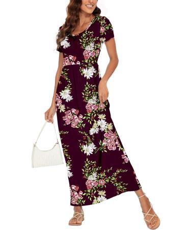 YUNDAI Women's Maternity Maxi Dress with Pockets - Short Sleeve Floral Wine Red - Size L - Buy Online on GoSupps.com
