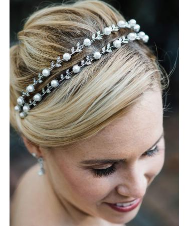 SWEETV Pearl Wedding Headband - Silver Double Band Bridal Tiara Hair Accessory - Buy Online on GoSupps.com