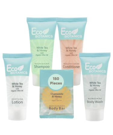 Eco Botanics Hotel Soaps and Toiletries Bulk Set | 1-Shoppe All-In-Kit Amenities for Hotels | 0.85oz Hotel Shampoo & Conditioner, Body Wash, Body Lotion & 0.89oz Bar Soap Travel Size | 150 Pieces