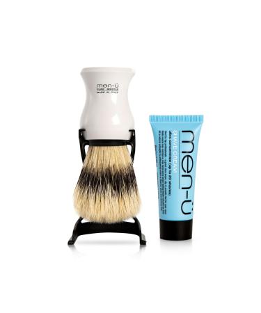 men-u BARBIERE PURE BRISTLE (WHITE) SHAVING BRUSH Traditional shaving brush set from Italy w/ pure bristles. A great introductory shaving brush. Includes 15ml SHAVE CREAM tube.