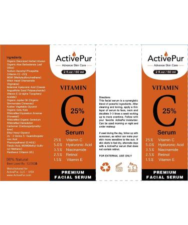 ActivePur 25% Vitamin C Serum for Face with Hyaluronic Acid, Retinol, Niacinamide, and Collagen - 2 Oz/60 ml | Anti-Aging, Wrinkle Reduction, Age Spot Treatment | Moisturizing Facial Serum - Buy Online on GoSupps.com