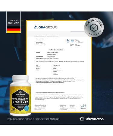 Vitamaze Vitamin D3 K2 All-Trans MK-7 Highly Dosed 2000 IU Vitamin D3 + 100 mcg Vitamin K2 240 Vitamin D Tablets Without Unnecessary Additives Made in Germany - Buy Online on GoSupps.com