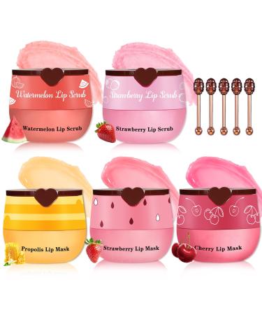 QIUFSSE 5PCS Lip Scrub and Mask Set Cherry Strawberry and Honey Pot Lip Balm 2PCS Lip Exfoliator Scrub and Moisturizer Clean and Repair Reduce Fine Lines Natural Ingredients Cruelty Free