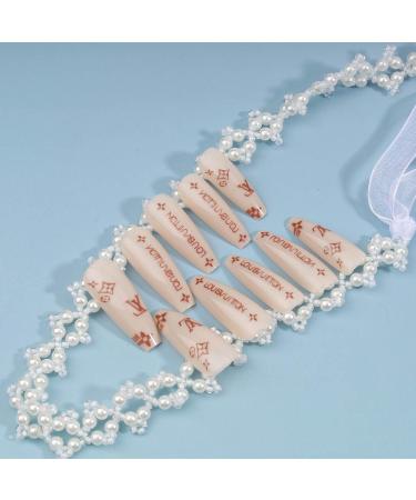 Inateannal Glossy Long False Nails Beige Graffiti Fake Nails French Ballerina Coffin False Nails Stick on Nails Tips for Women and Girls style 1 - Buy Online on GoSupps.com
