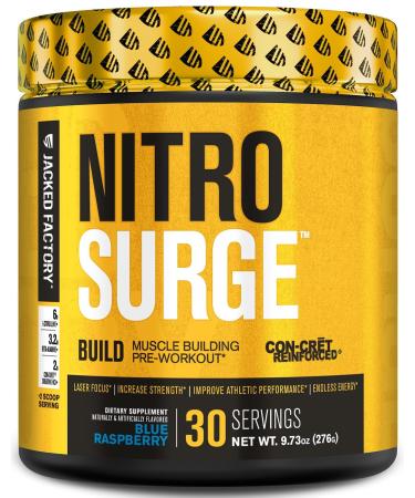 Jacked Factory Nitrosurge Build Pre Workout with Creatine for Muscle Building - Con Cret Creatine Powder & elevATP for Intense Energy Powerful Pump & Endless Endurance - 30 Servings Blue Raspberry