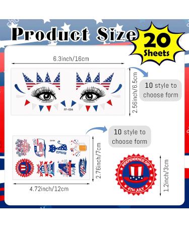 4th of July Gold Glitter Temporary Tattoos - 20 Sheets, 100Pcs Independence Day Tattoo Kit for Women & Kids - American Flag Accessories for Makeup, Costume, Parade Party - Buy Online on GoSupps.com