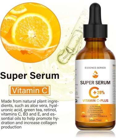 20% Vitamin C Serum for Face with Hyaluronic Acid & Retinol Serum 30ML Natural Anti Aging & Wrinkle Facial Serum Boost Skin Collagen Hydrate Brighten Plump Skin (30ml) - Buy Online on GoSupps.com