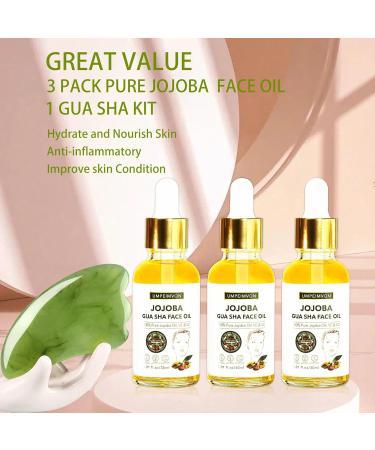 3 Pack Gua Sha Facial Oil Set - 99% Organic Jojoba Cold Pressed Vitamin E & C for Face Hair & Nails | Scented Massage Oil with Gua Sha Tool - Buy Online on GoSupps.com